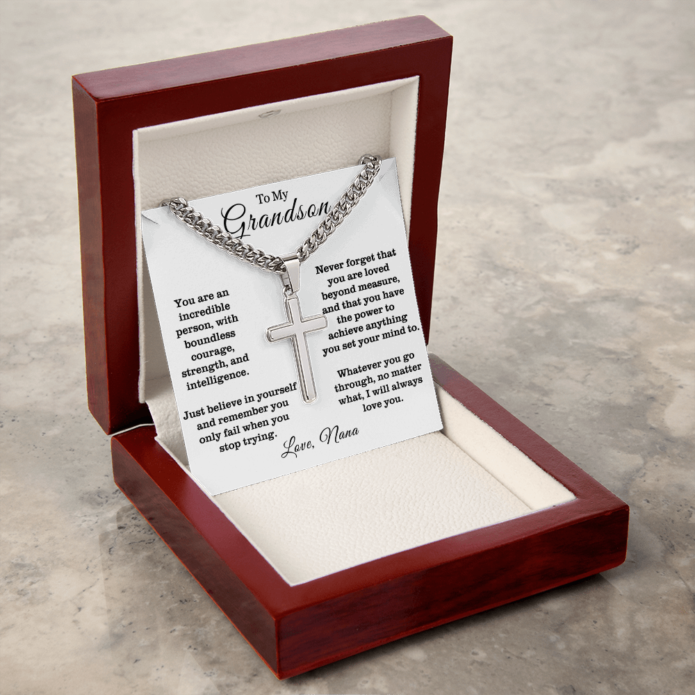 To My Grandson - Cuban Link Cross Necklace - Always Love You Message Card Gift