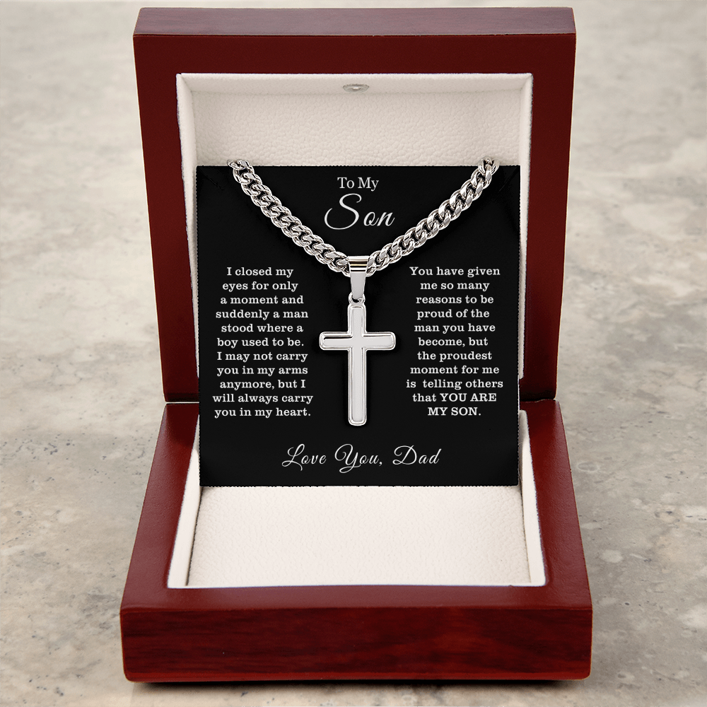To My Son - Cuban Link Cross Necklace - Proud You Are My Son Message Card Gift