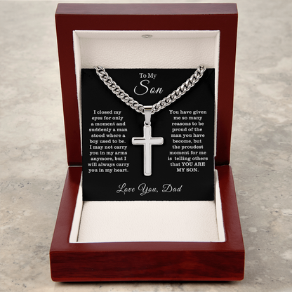 To My Son - Cuban Link Cross Necklace - Proud You Are My Son Message Card Gift