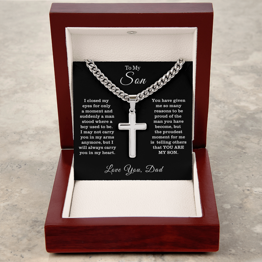 To My Son - Cuban Link Cross Necklace - Proud You Are My Son Message Card Gift