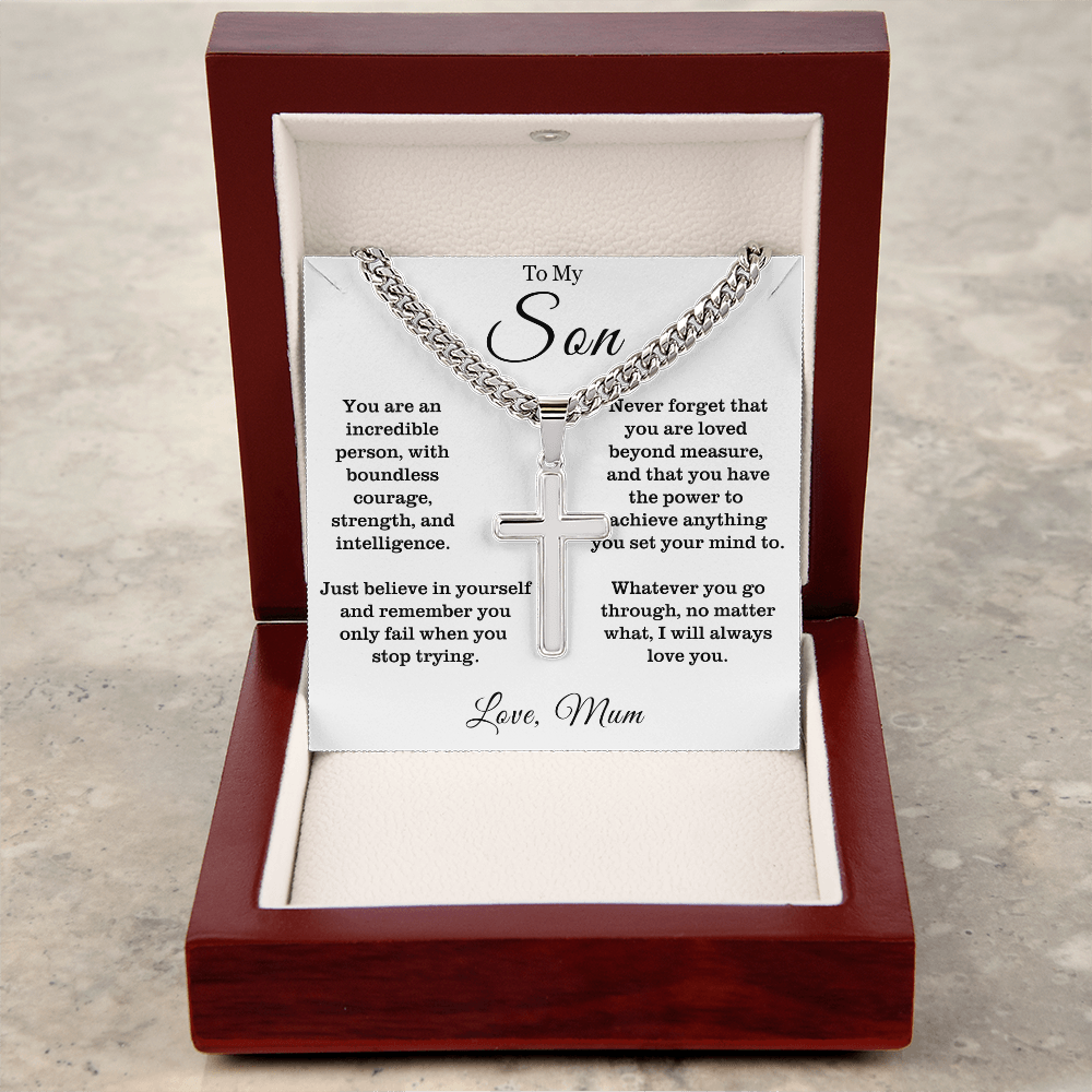 To My Son - Cuban Link Cross Necklace - Always Love You Message Card Gift