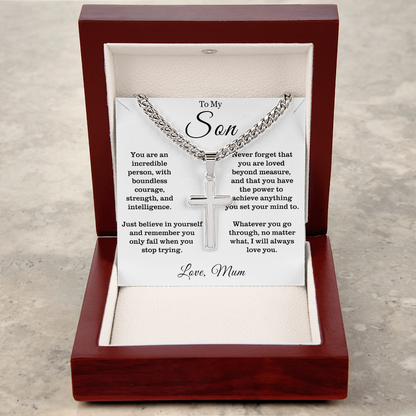 To My Son - Cuban Link Cross Necklace - Always Love You Message Card Gift