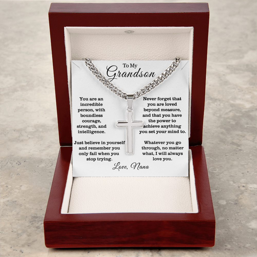 To My Grandson - Cuban Link Cross Necklace - Always Love You Message Card Gift