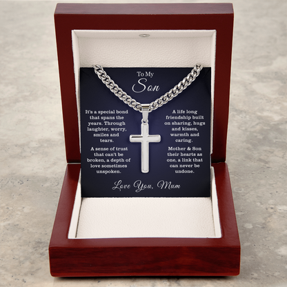 To My Son - Cuban Link Cross Necklace - Hearts As One Message Card Gift