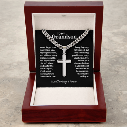 To My Grandson - Cuban Link Cross Necklace - I Love You Always & Forever