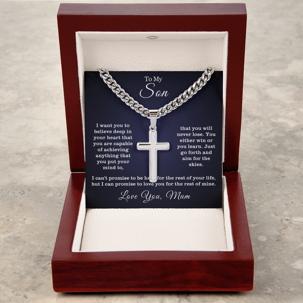 To My Son - Cuban Link Cross Necklace -Aim for the Skies Message Card Gift