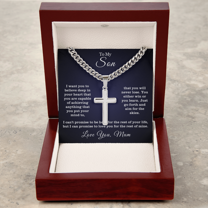To My Son - Cuban Link Cross Necklace -Aim for the Skies Message Card Gift