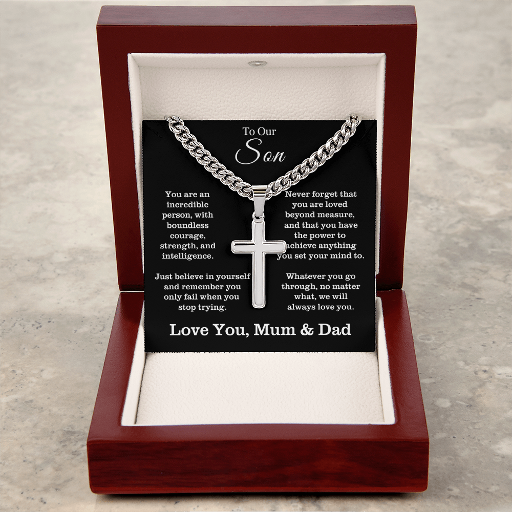 To Our Son - Cuban Link Cross Necklace - Always Love You Message Card Gift