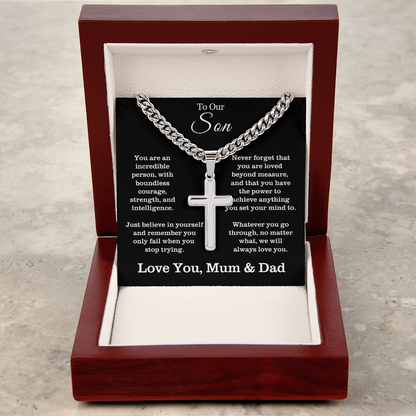 To Our Son - Cuban Link Cross Necklace - Always Love You Message Card Gift