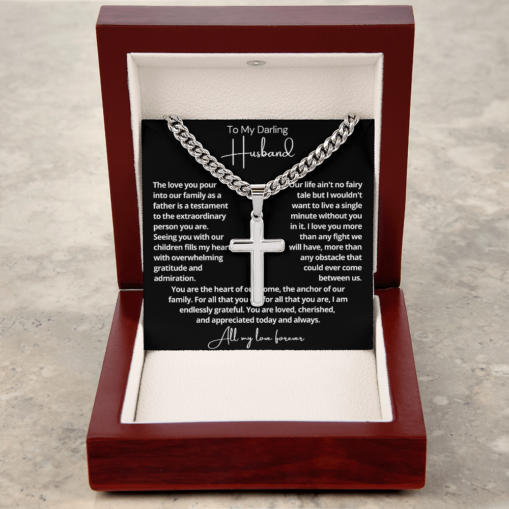To My Husband - Cuban Link Cross Necklace - Love You More Message Card Gift