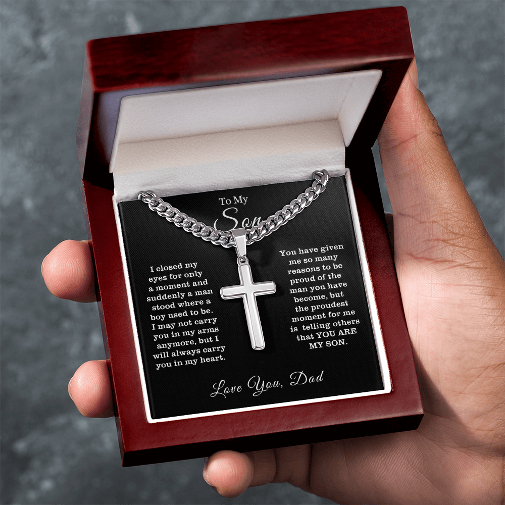 To My Son - Cuban Link Cross Necklace - Proud You Are My Son Message Card Gift