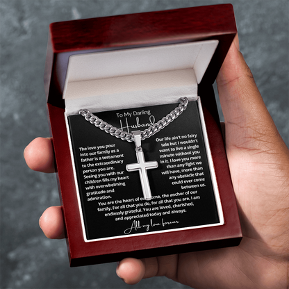 To My Husband - Cuban Link Cross Necklace - Love You More Message Card Gift