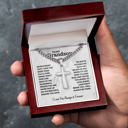 To My Grandson - Cuban Link Cross Necklace - I Love You Always & Forever