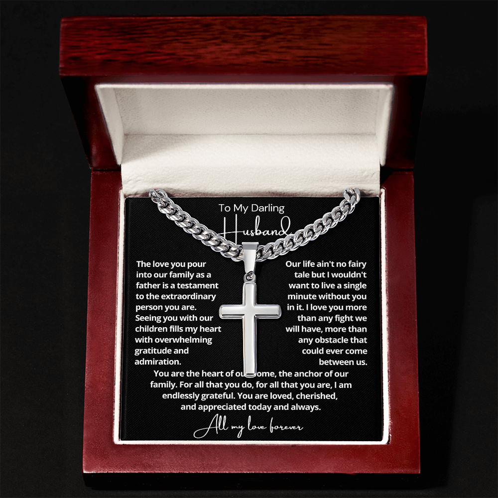 To My Husband - Cuban Link Cross Necklace - Love You More Message Card Gift