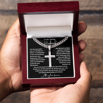 To My Husband - Cuban Link Cross Necklace - Love You More Message Card Gift