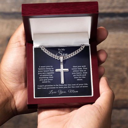 To My Son - Cuban Link Cross Necklace -Aim for the Skies Message Card Gift