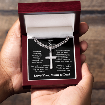To Our Son - Cuban Link Cross Necklace - Always Love You Message Card Gift