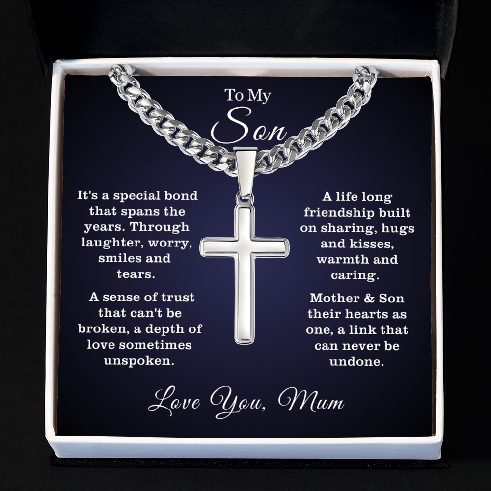 To My Son - Cuban Link Cross Necklace - Hearts As One Message Card Gift