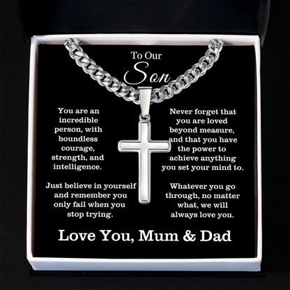 To Our Son - Cuban Link Cross Necklace - Always Love You Message Card Gift