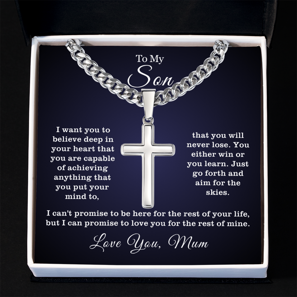 To My Son - Cuban Link Cross Necklace -Aim for the Skies Message Card Gift