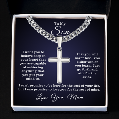 To My Son - Cuban Link Cross Necklace -Aim for the Skies Message Card Gift